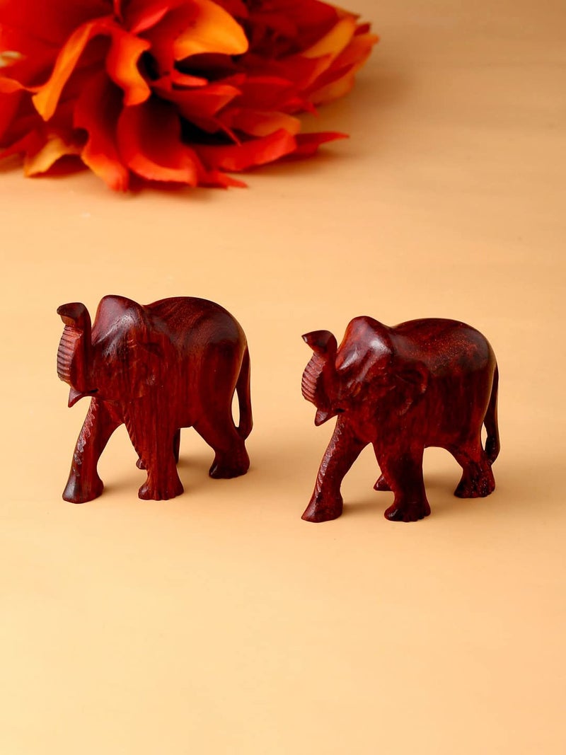 RDK RDK Handmade Sandalwood Elephant Pair | Set of 2 Hand Carved Chandan Small Elephant Showpiece| Wooden Animal Figure for Living Room or Shelf Decoration. (Red Sandalwood, Upper Trunk)  - Image 1