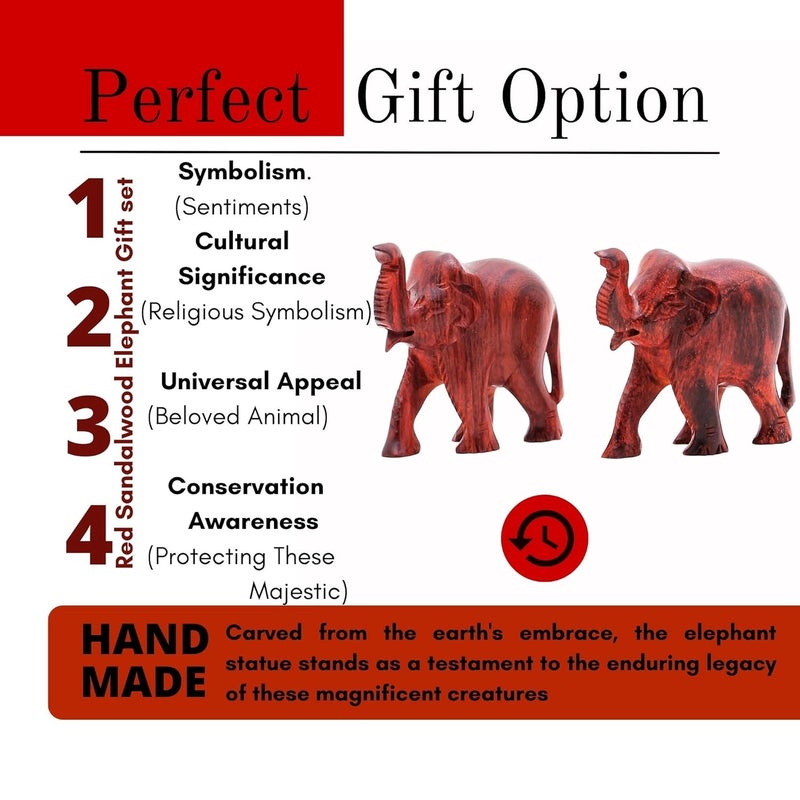 RDK RDK Handmade Sandalwood Elephant Pair | Set of 2 Hand Carved Chandan Small Elephant Showpiece| Wooden Animal Figure for Living Room or Shelf Decoration. (Red Sandalwood, Upper Trunk)  - Image 3