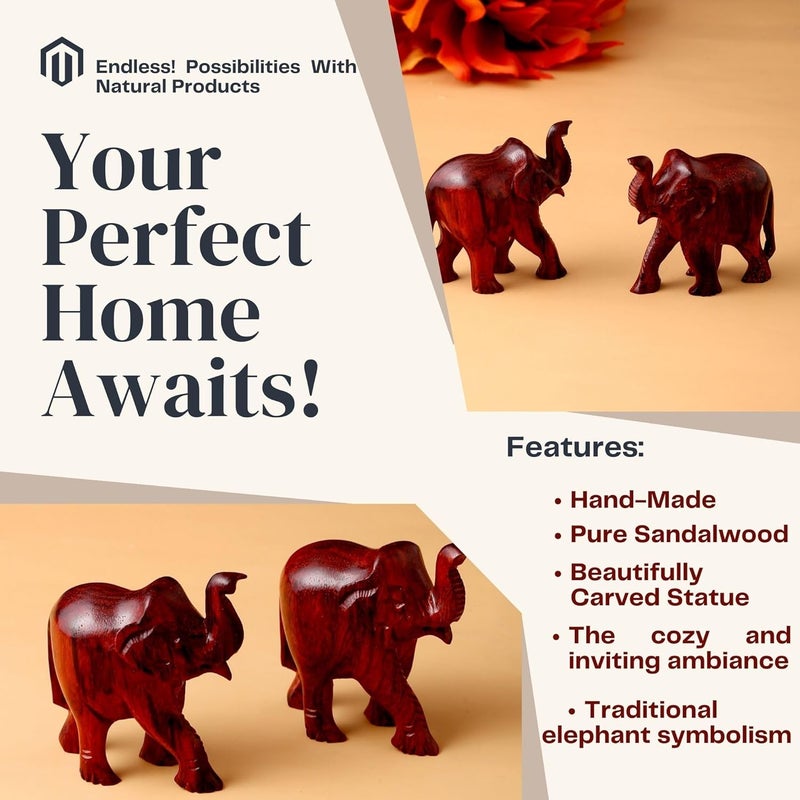 RDK RDK Handmade Sandalwood Elephant Pair | Set of 2 Hand Carved Chandan Small Elephant Showpiece| Wooden Animal Figure for Living Room or Shelf Decoration. (Red Sandalwood, Upper Trunk)  - Image 2