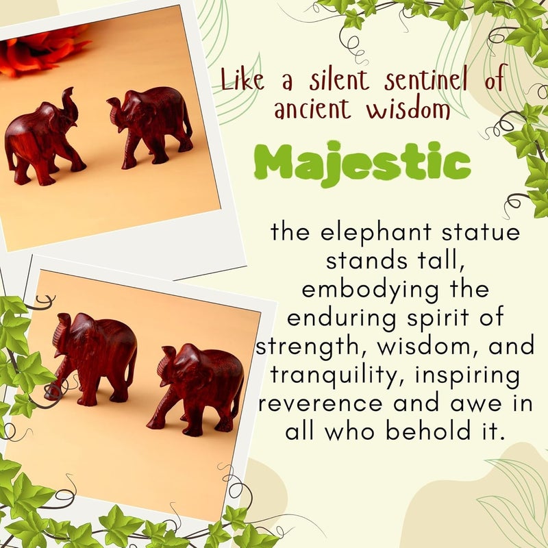 RDK RDK Handmade Sandalwood Elephant Pair | Set of 2 Hand Carved Chandan Small Elephant Showpiece| Wooden Animal Figure for Living Room or Shelf Decoration. (Red Sandalwood, Upper Trunk)  - Image 4