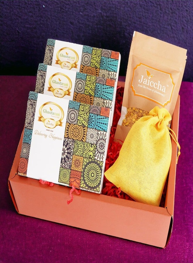 Jaiccha Ghasitaram Gifts Jaiccha Lohri Sweets Gachak hampers Lohri Hamper Box of Til Laddoo, Khajoor, Gachak, Revadi Pouch and namkeen - Image 1