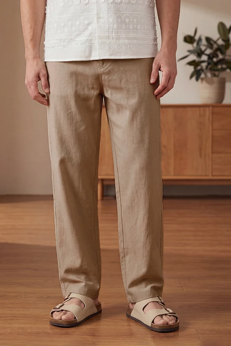 سنيتش Khaki Solid Wide Leg Casual Trousers