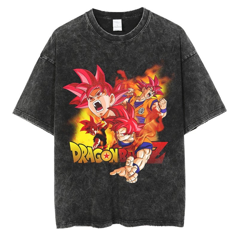 Washed Vintage T-Shirt Street Hip Hop Anime Dragon Ball Cartoon Printed Graphic Casual Cotton Summer Short Sleeve Street Tide - Image 1
