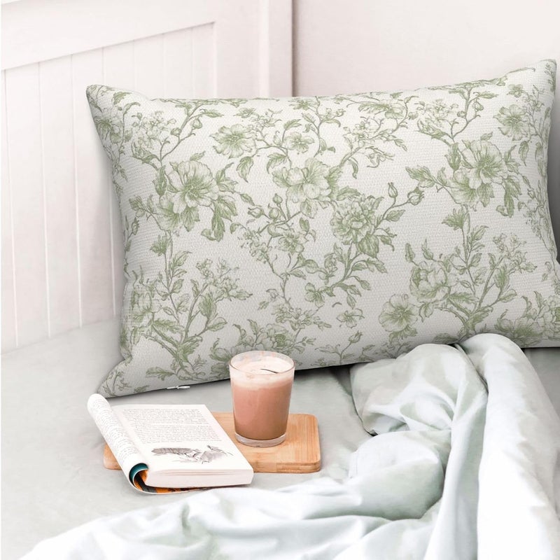 GOLIANDA Sage Green Pillow Covers 12x20 Set of 2 Light Green Floral Chinoiserie Throw Pillows Rustic Toile Flower Decorative Pillow Cases Outdoor Chinoiserie Decor Lumbar Cushion Case for Couch Sofa - Image 3