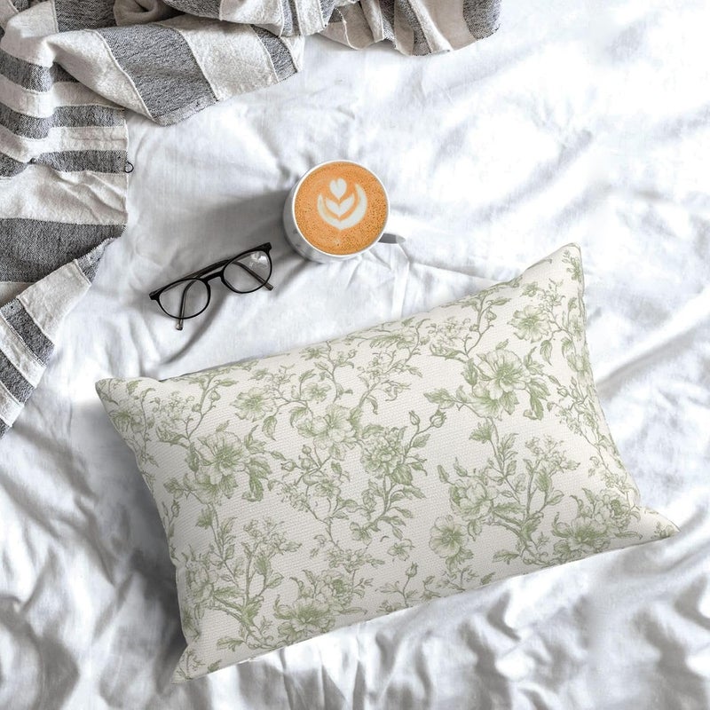 GOLIANDA Sage Green Pillow Covers 12x20 Set of 2 Light Green Floral Chinoiserie Throw Pillows Rustic Toile Flower Decorative Pillow Cases Outdoor Chinoiserie Decor Lumbar Cushion Case for Couch Sofa - Image 4