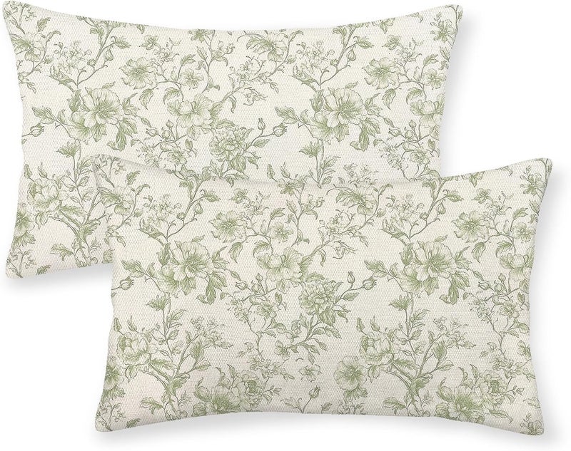 GOLIANDA Sage Green Pillow Covers 12x20 Set of 2 Light Green Floral Chinoiserie Throw Pillows Rustic Toile Flower Decorative Pillow Cases Outdoor Chinoiserie Decor Lumbar Cushion Case for Couch Sofa - Image 1