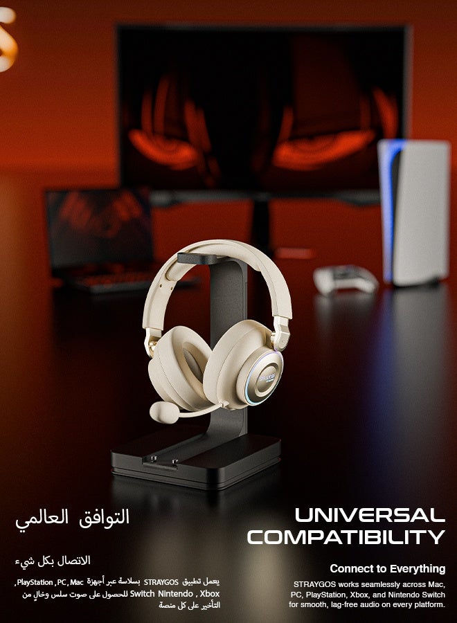 Faster BG600 STRAYGOS Wireless Gaming Headset – Tri-Mode 2.4GHz + Bluetooth + Wired, Ultra Low Latency, 50mm Drivers, ENC Noise-Canceling Mic, RGB Light FX, 10H Playtime, Over-Ear Gaming Headphones for PS5/PS4/PC/Mac/Xbox/Switch, Beige - Image 4