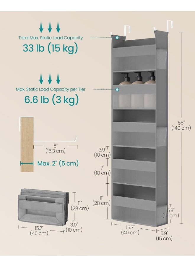 SONGMICS Over The Door Organizers, Set of 2 Hanging Door Organizers with 5 Large Pockets, 5-Tier Fabric Storage, Transparent Nylon Mesh, Foldable, Metal Hooks, with Side Pouches, Dove Gray - Image 5