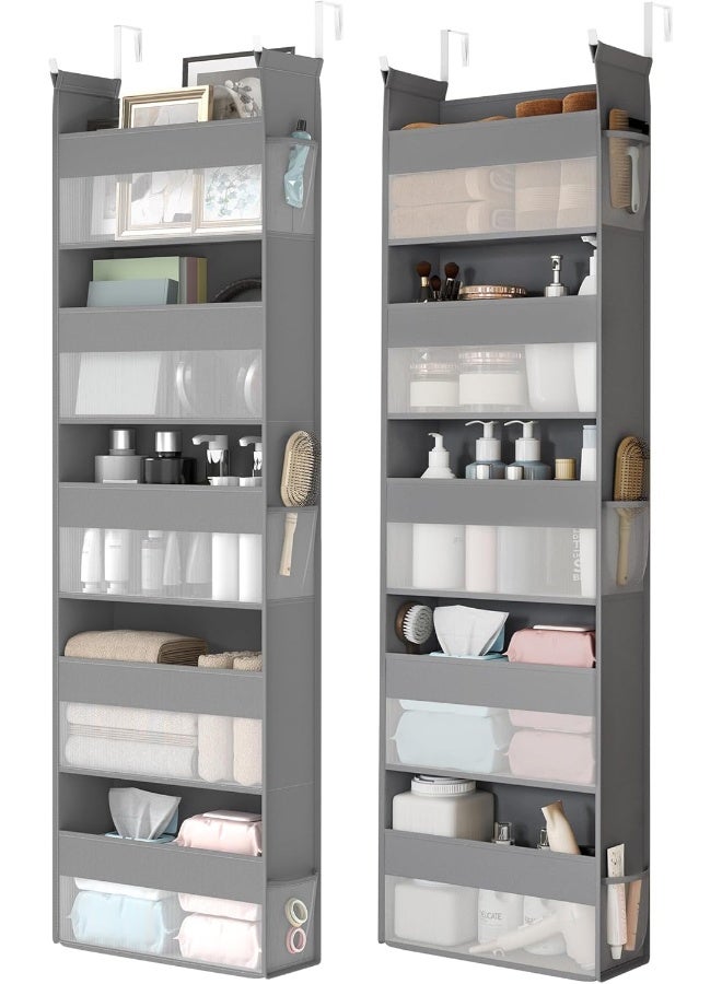 SONGMICS Over The Door Organizers, Set of 2 Hanging Door Organizers with 5 Large Pockets, 5-Tier Fabric Storage, Transparent Nylon Mesh, Foldable, Metal Hooks, with Side Pouches, Dove Gray - Image 1