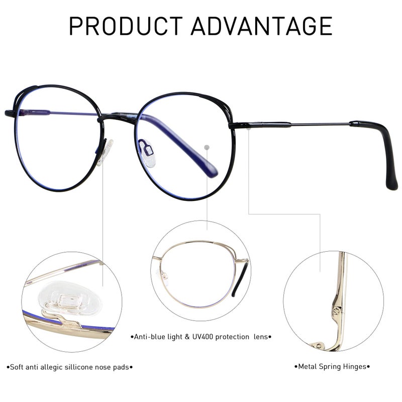 ANDWOOD Blue Light Blocking Glasses Women Cat Eye Computer Eyeglasses Metal Frame Hipster 2 Pack Rose Gold Black - Image 2
