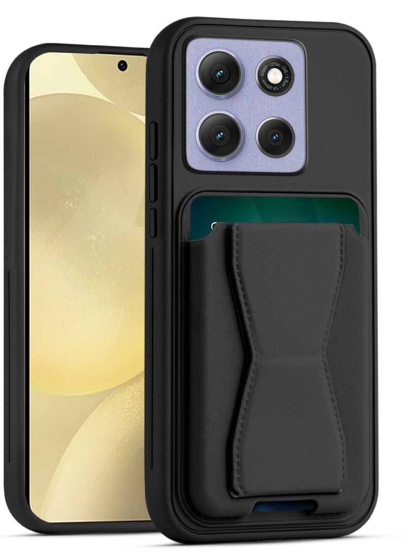 غطاء خلفي من الجلد مع محفظة بطاقات، جراب قابل للطي ومقاوم للصدمات، متوافق مع هاتف موتورولا إيدج 60 فيوجن (أسود)