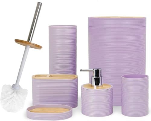 CERBIOR Bathroom Accessories Set 6 Piece Bamboo Bath Ensemble Includes Soap Dispenser Toothbrush Holder Toothbrush Cup Soap Dish for Decorative Countertop and Housewarming Gift Sriral Purple - Image 1