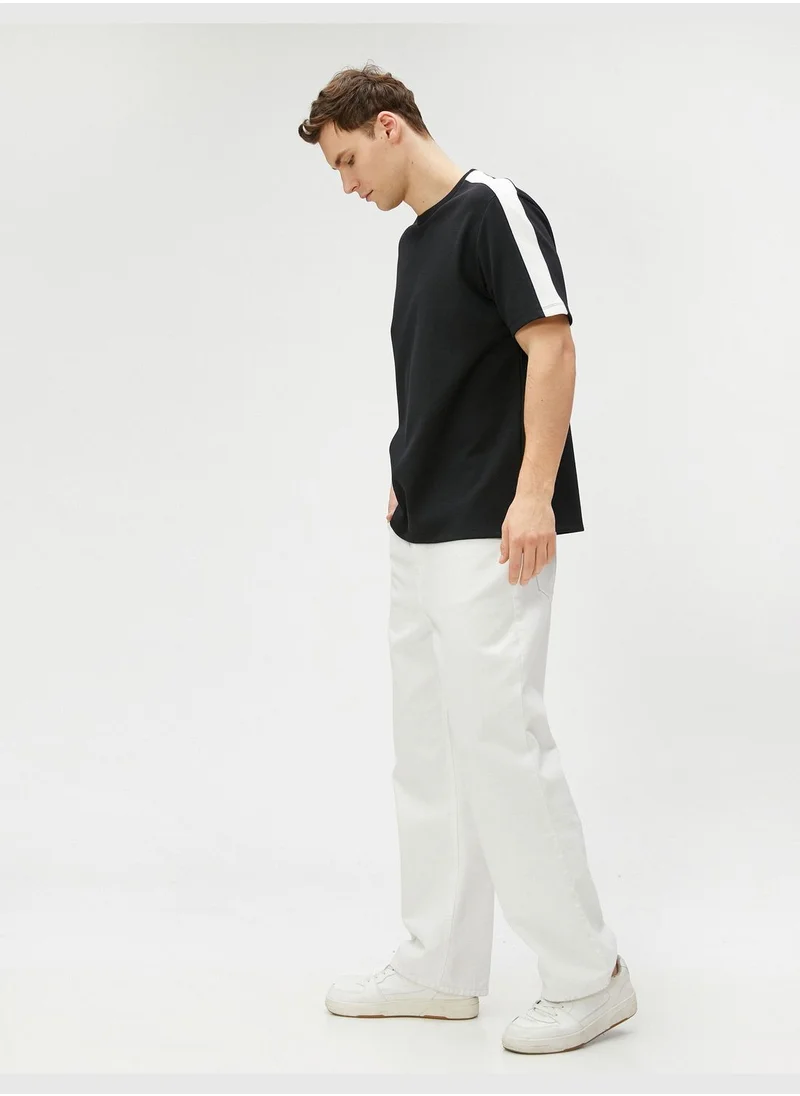 KOTON Crew Neck T-Shirt Short Sleeve Strip Print Detailed