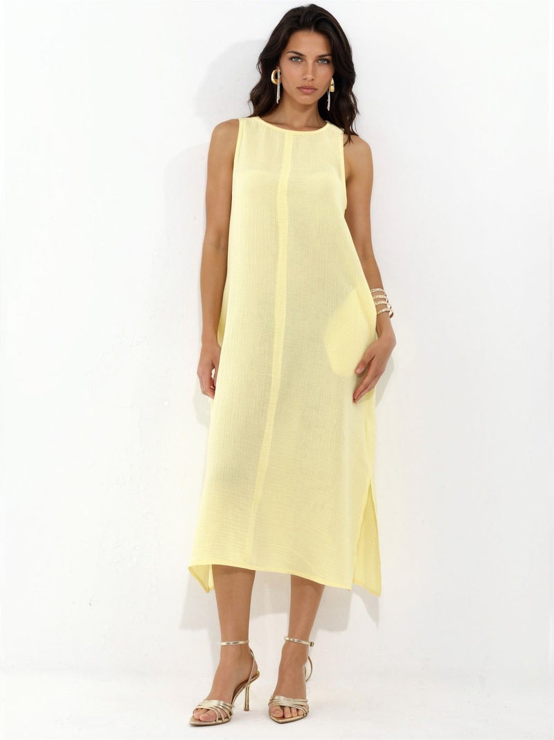 HICCUP Textured Cotton Midi Beach Dress with Slit - Image 1