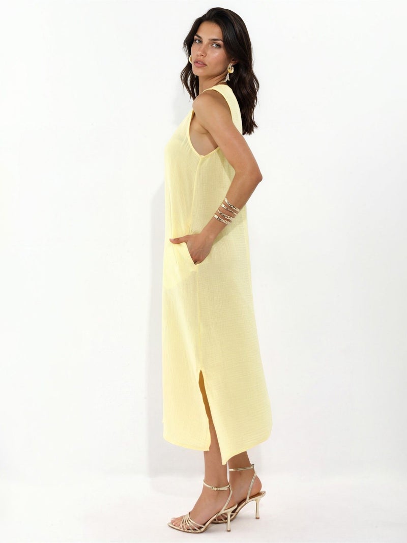 HICCUP Textured Cotton Midi Beach Dress with Slit - Image 4