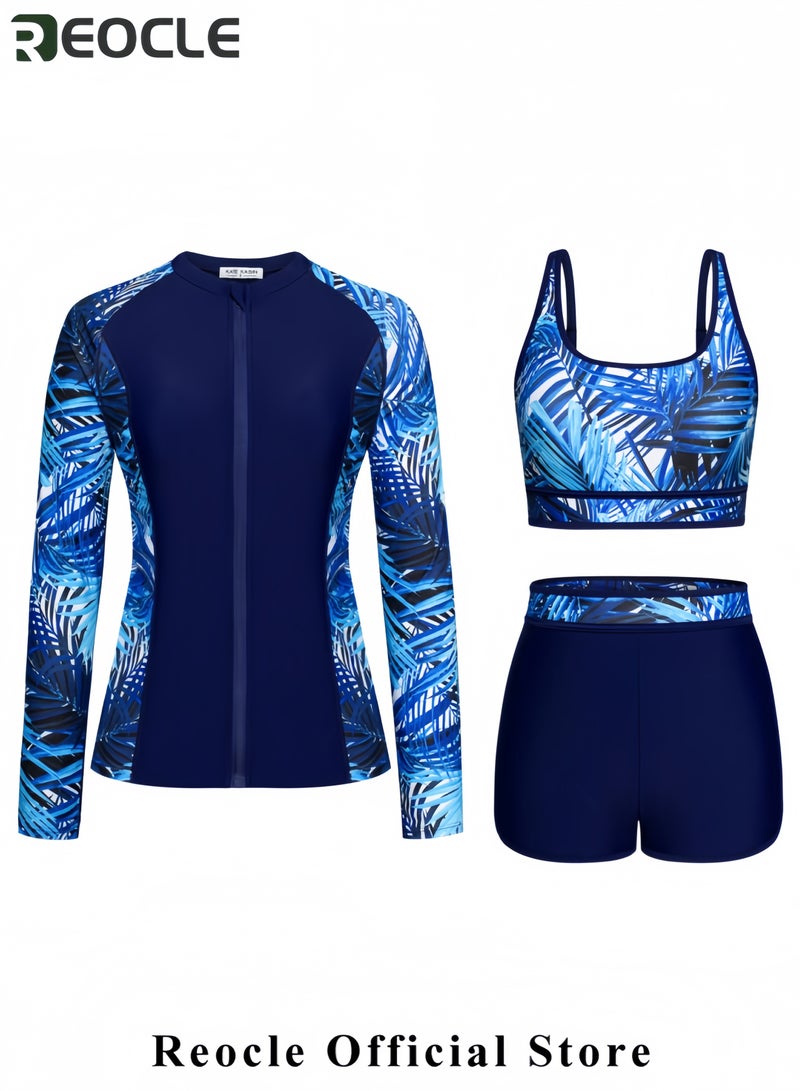 REOCLE Women's 3 Piece Rash Guard Long Sleeve Swimsuits Zip Up UPF 50+ Built in Bra Swim Shirts with Boyshorts Quick Dry - Image 2
