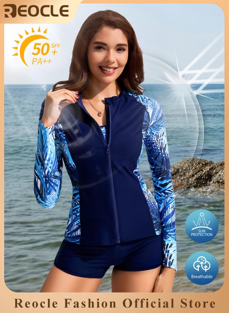 REOCLE Women's 3 Piece Rash Guard Long Sleeve Swimsuits Zip Up UPF 50+ Built in Bra Swim Shirts with Boyshorts Quick Dry - Image 1