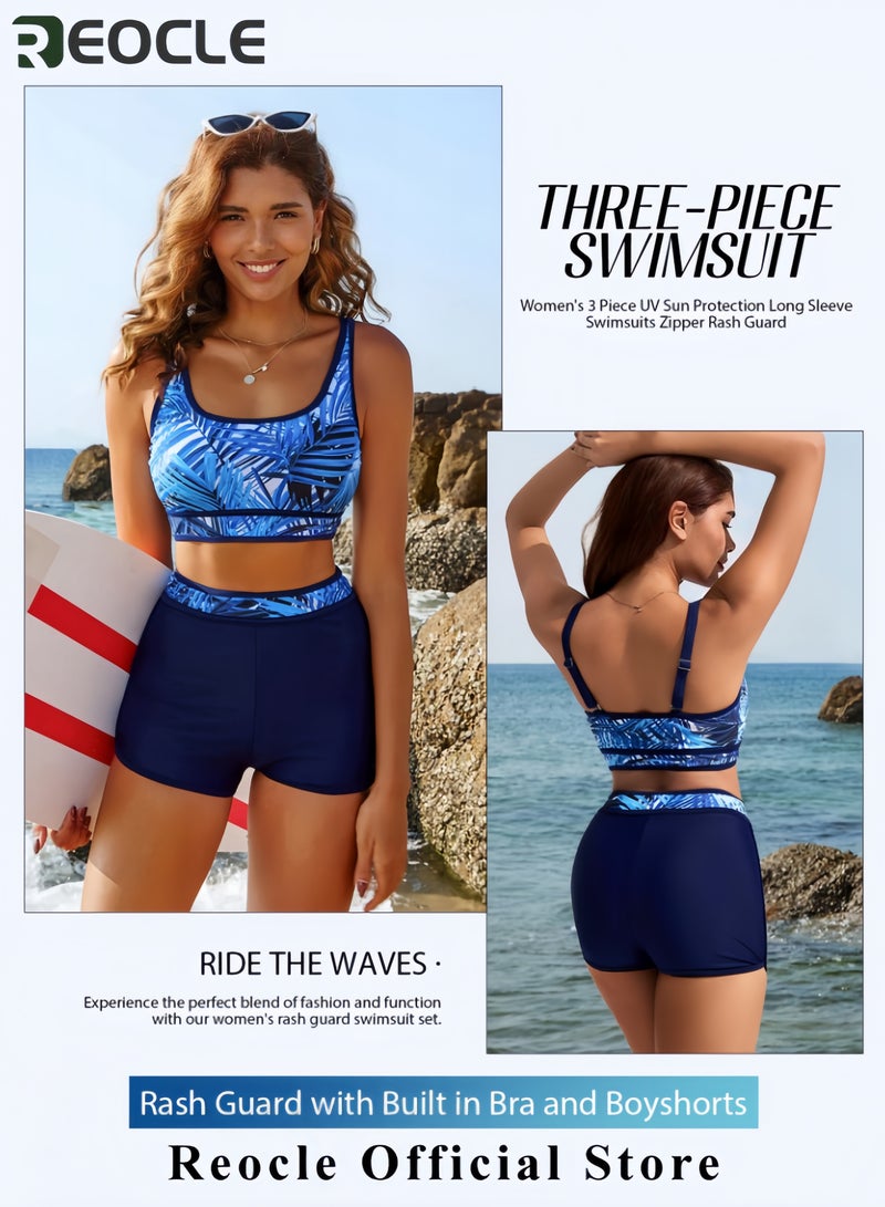 REOCLE Women's 3 Piece Rash Guard Long Sleeve Swimsuits Zip Up UPF 50+ Built in Bra Swim Shirts with Boyshorts Quick Dry - Image 4