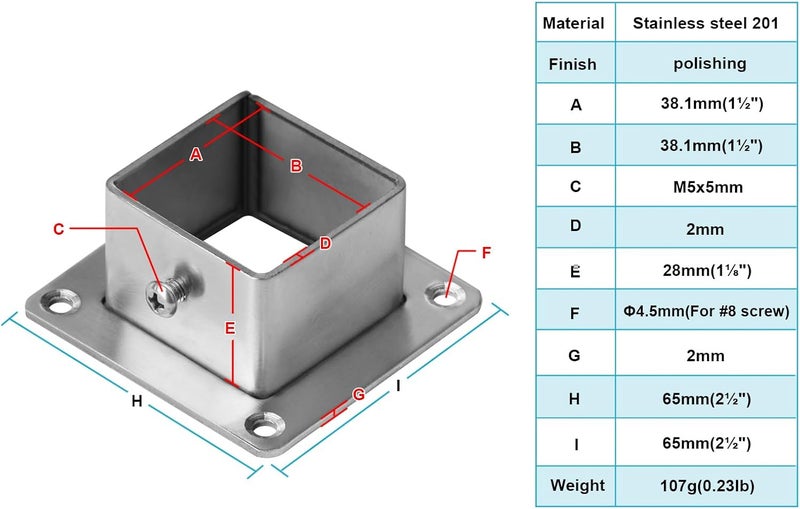 eoere 10 PCS 1-1/2" Square Newel Post Flange Base, Stainless Steel Deck Rail Systems for 1.5" x 1.5" Post Fittings, Floor Fence or Deck Mount - Image 2