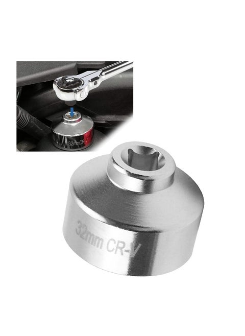 Automotive 32mm 6-point Oil Filter Wrench, 3/8" Drive Low-profile Oil Pan Disassembly Tools, Oil Pan Filter Special Socket Wrench, Universal Remove Cars with 32mm Oil Filter Cap (Silver)
