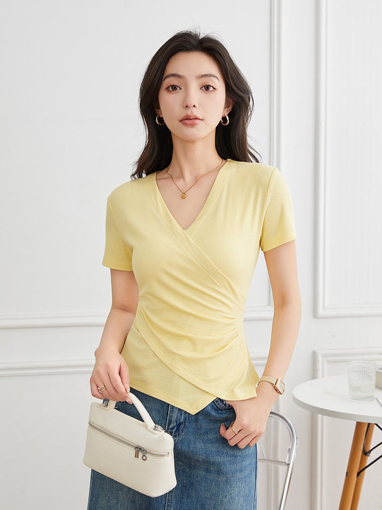 Irregular Short-Sleeved T-Shirt Women'S Cross Design Sense Solid Color Slim-Fit All-Match Top Ym2521 - Image 4