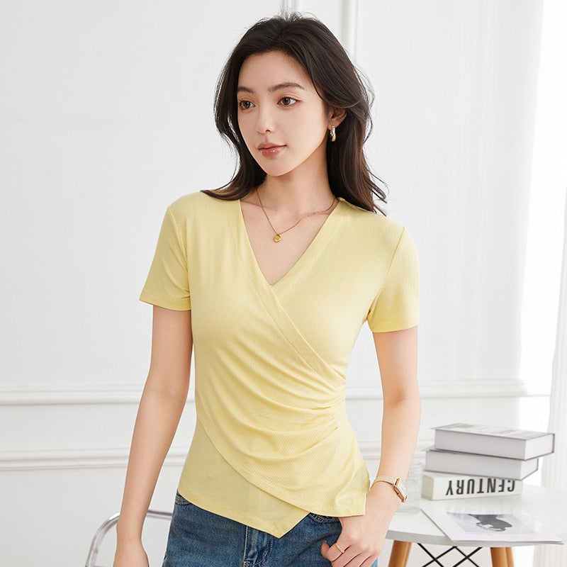 Irregular Short-Sleeved T-Shirt Women'S Cross Design Sense Solid Color Slim-Fit All-Match Top Ym2521 - Image 1
