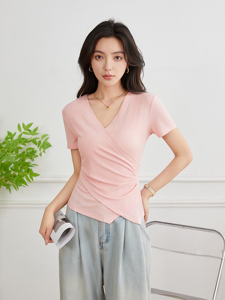 Irregular Short-Sleeved T-Shirt Women'S Cross Design Sense Solid Color Slim-Fit All-Match Top Ym2521 - Image 5