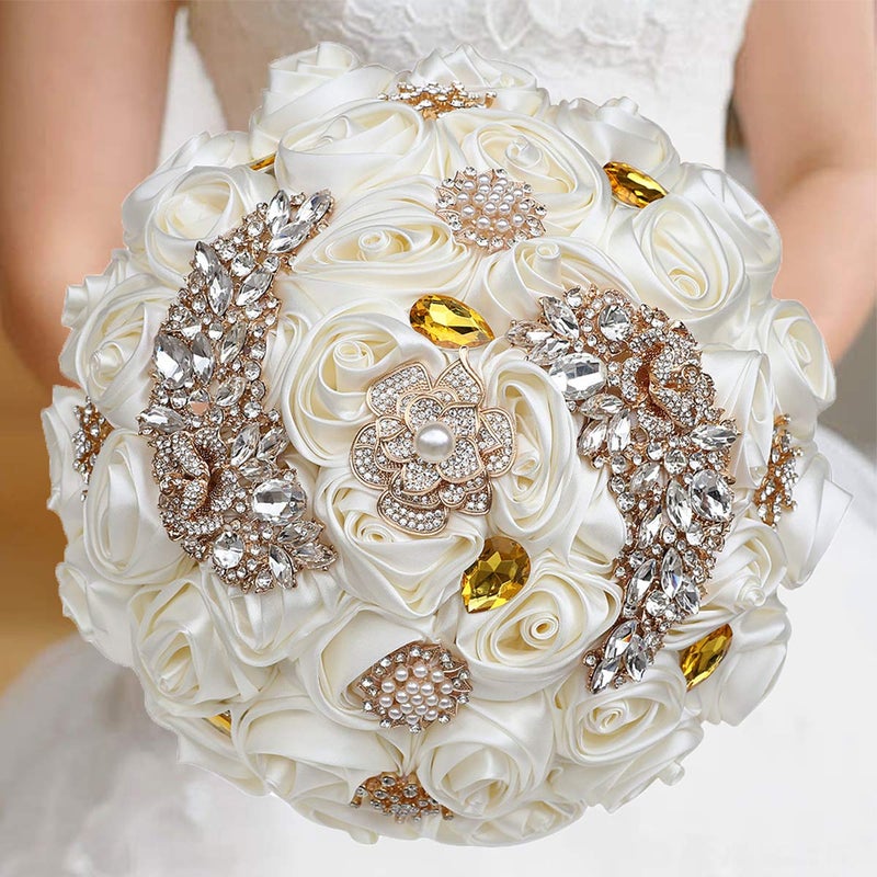 WIFELAI-A Gold Rhinestone Brooch Wedding Flowers Bridal Bouquets Golden Crystal Bride Holding Bouquet Bridesmaids Bouquet Satin Roses with Crystal Diamond Pearl Decor  Dia826inchH10inch Gold Color W227Q