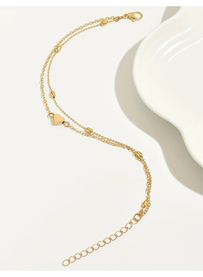 Gold-Plated Double-Layer Anklet – Boho Vintage Heart Charm Ankle Bracelet. - Image 2