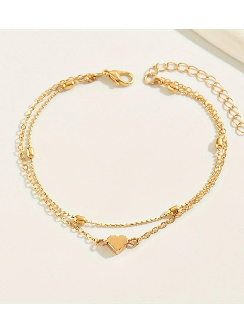 Gold-Plated Double-Layer Anklet – Boho Vintage Heart Charm Ankle Bracelet. - Image 3
