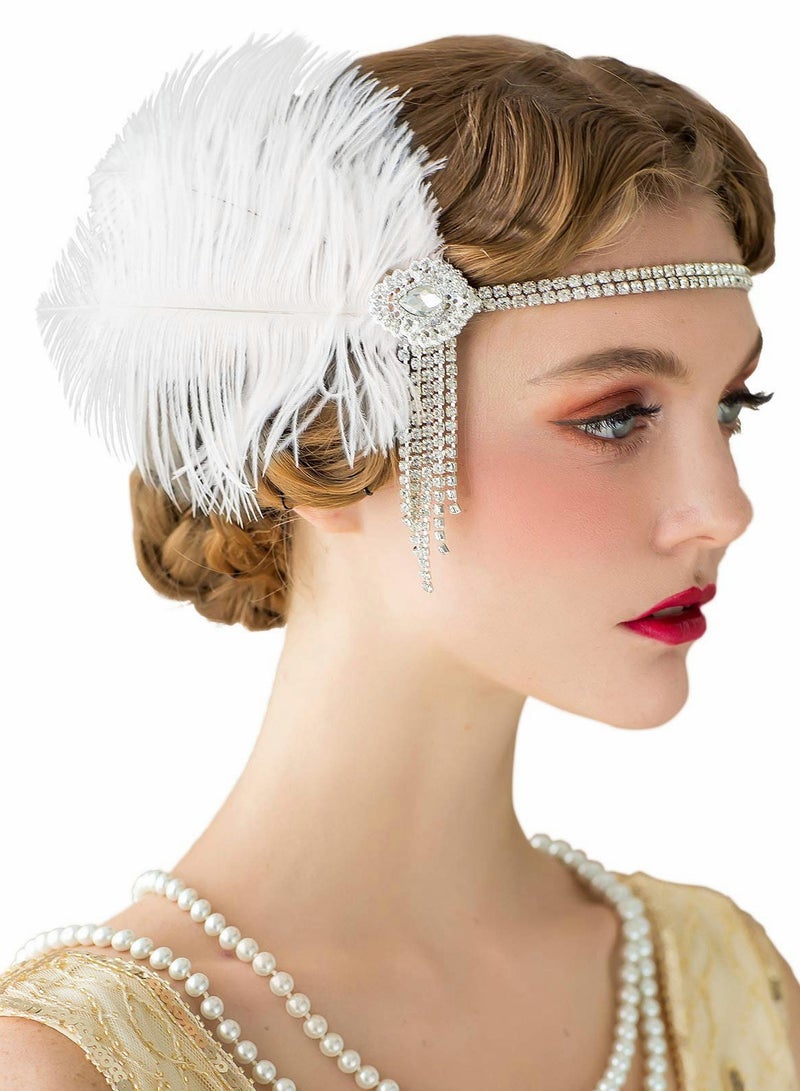 إكسفور 1920s Flapper Headband, Great Gatsby Inspired Feather Headpiece 20s Art Deco Hair Accessories Headband Party Rhinestone for Women, Ivory - Image 1