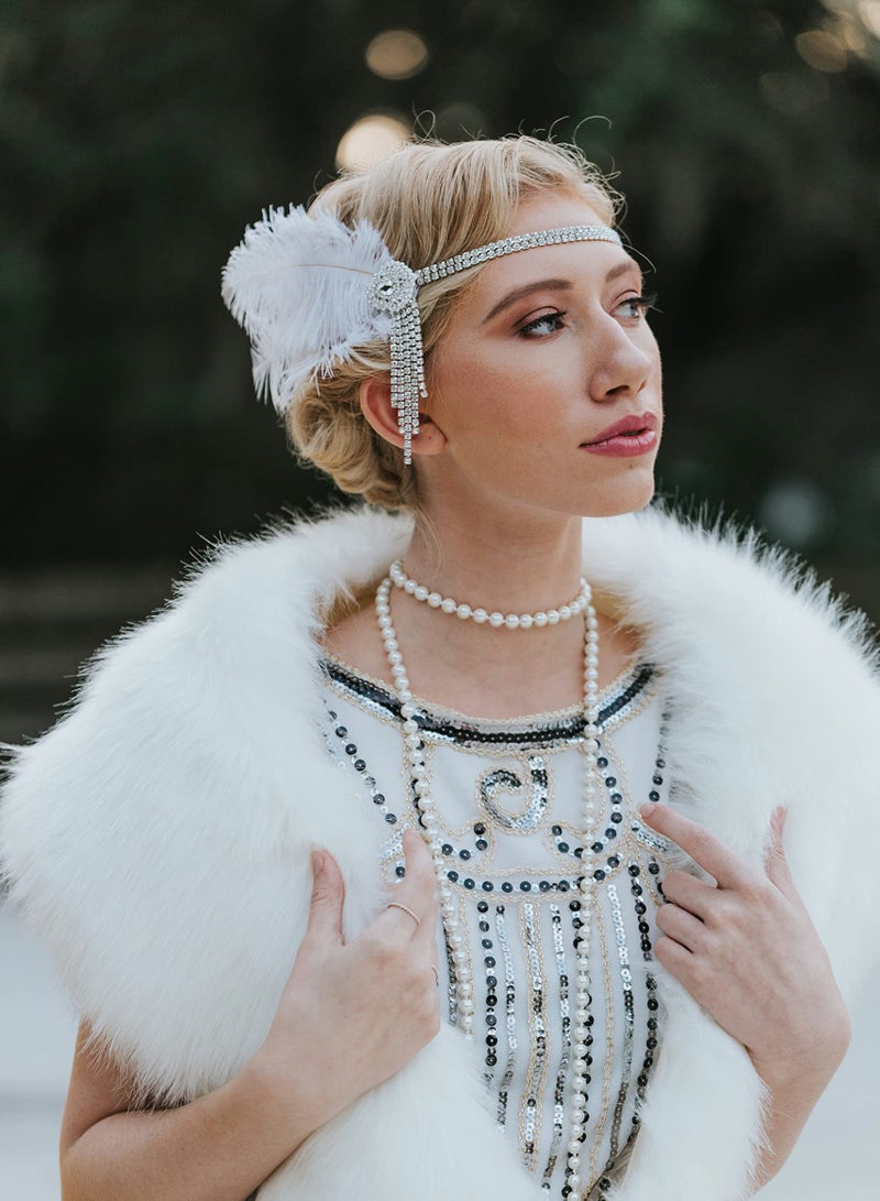 إكسفور 1920s Flapper Headband, Great Gatsby Inspired Feather Headpiece 20s Art Deco Hair Accessories Headband Party Rhinestone for Women, Ivory - Image 2