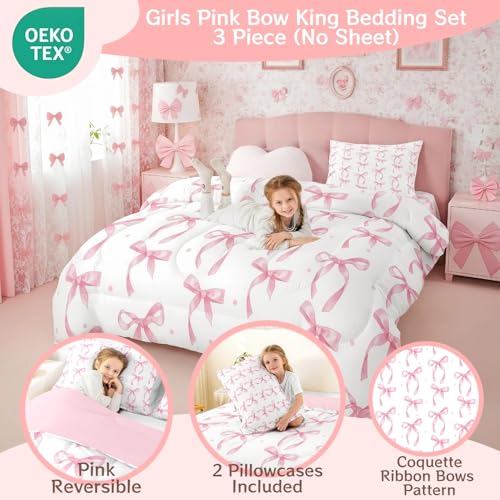 Erosebridal Pink Bowknot King Comforter SetPink Ribbon Bow Bedding Set for Girls Women Bedroom DecorCoquette Bows Quilt Set Dreamy Princess Bow Knot Bed Comforter Sets2 Pillowcases - Image 3