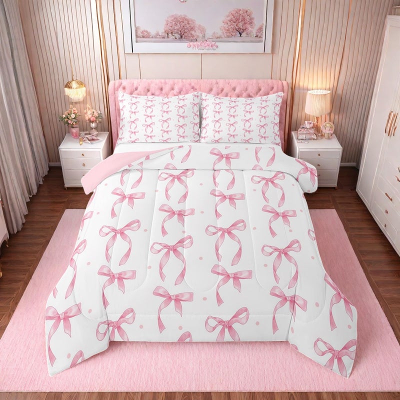 Erosebridal Pink Bowknot King Comforter SetPink Ribbon Bow Bedding Set for Girls Women Bedroom DecorCoquette Bows Quilt Set Dreamy Princess Bow Knot Bed Comforter Sets2 Pillowcases - Image 2