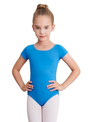 WEGETIT Gymnastics Leotards for Girls, Short Sleeves Gymnastics Ballet Leotard Toddler (Blue, 4-6 Years) - Image 1