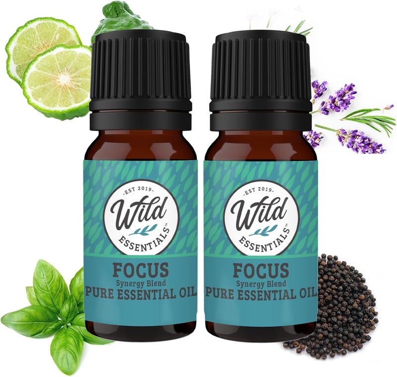 mEssentials Wild Essentials Focus 100% Pure Essential Oil Synergy Blend 2 Pack 10ml, Therapeutic Grade Concentration Formula for Mental Clarity, Study, Work, Test, Interview, Attention Made in The USA 