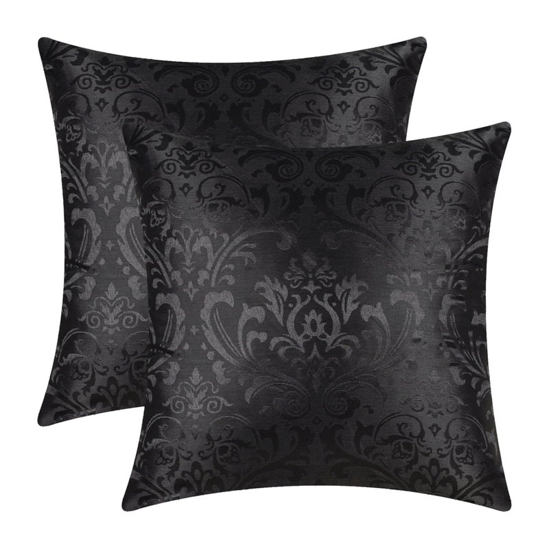 CaliTime Pack of 2 Throw Pillow Covers Cases for Couch Sofa Home Decoration Vintage Damask Floral Shining  Dull Contrast 18 X 18 Inches Black