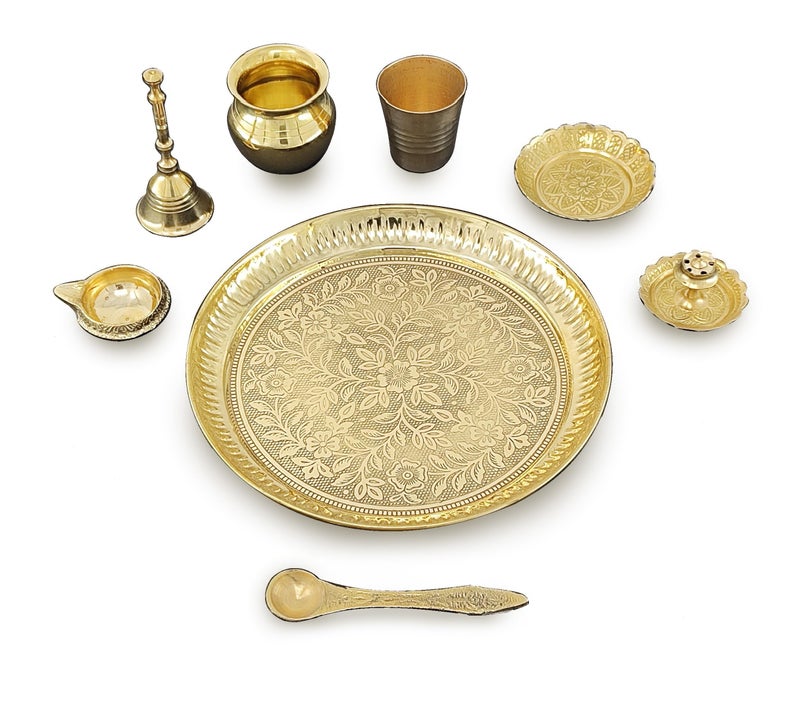 BENGALEN Brass Pooja Thali Set 7 Inch with Pital Puja Plate Kalash Bowl Spoon Dhup Dan Palli Ghanti Kuber Diya Chandan Wati Arti Thali for Diwali Home Office Mandir Wedding Return Gift Items - Image 2