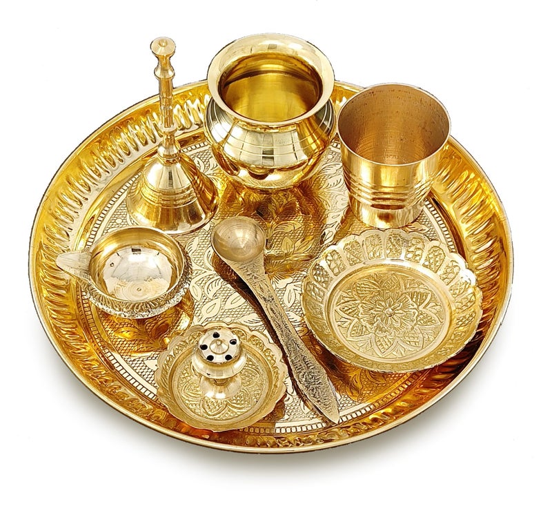 BENGALEN Brass Pooja Thali Set 7 Inch with Pital Puja Plate Kalash Bowl Spoon Dhup Dan Palli Ghanti Kuber Diya Chandan Wati Arti Thali for Diwali Home Office Mandir Wedding Return Gift Items - Image 3
