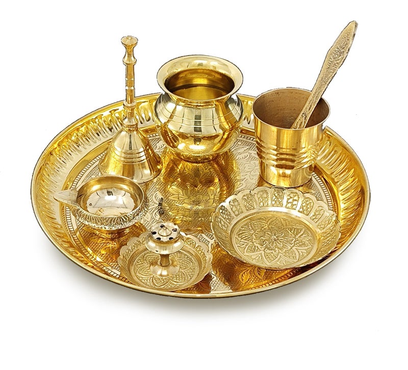 BENGALEN Brass Pooja Thali Set 7 Inch with Pital Puja Plate Kalash Bowl Spoon Dhup Dan Palli Ghanti Kuber Diya Chandan Wati Arti Thali for Diwali Home Office Mandir Wedding Return Gift Items - Image 4