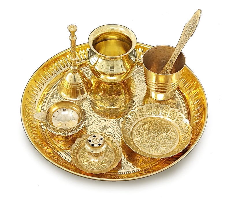 BENGALEN Brass Pooja Thali Set 7 Inch with Pital Puja Plate Kalash Bowl Spoon Dhup Dan Palli Ghanti Kuber Diya Chandan Wati Arti Thali for Diwali Home Office Mandir Wedding Return Gift Items - Image 1
