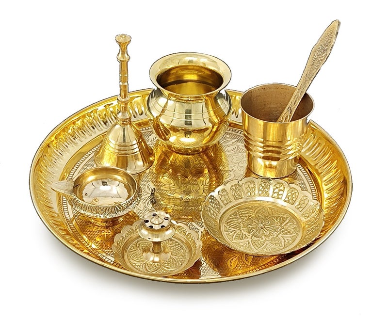 BENGALEN Brass Pooja Thali Set 7 Inch with Pital Puja Plate Kalash Bowl Spoon Dhup Dan Palli Ghanti Kuber Diya Chandan Wati Arti Thali for Diwali Home Office Mandir Wedding Return Gift Items - Image 5