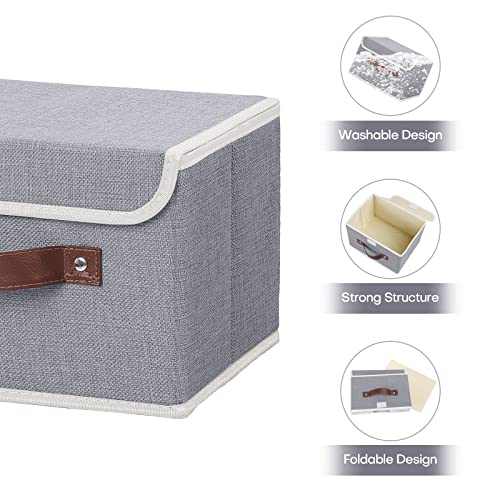ANMINY Storage Bin with Lid Storage Boxes with PU Leather Handles PP Plastic Board Decorative Foldable Lidded Cotton Linen Fabric Home Cubes Baskets Closet Organizer Container - Gray, Small Size - Image 4