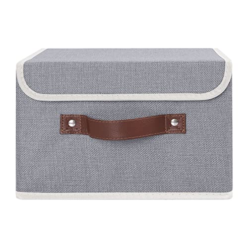 ANMINY Storage Bin with Lid Storage Boxes with PU Leather Handles PP Plastic Board Decorative Foldable Lidded Cotton Linen Fabric Home Cubes Baskets Closet Organizer Container - Gray, Small Size - Image 2