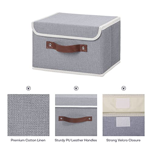 ANMINY Storage Bin with Lid Storage Boxes with PU Leather Handles PP Plastic Board Decorative Foldable Lidded Cotton Linen Fabric Home Cubes Baskets Closet Organizer Container - Gray, Small Size - Image 3