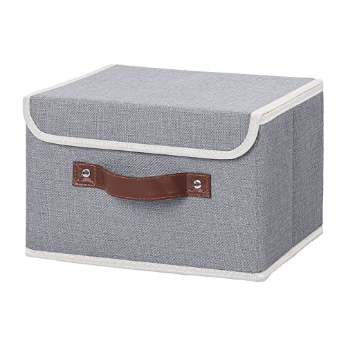 ANMINY Storage Bin with Lid Storage Boxes with PU Leather Handles PP Plastic Board Decorative Foldable Lidded Cotton Linen Fabric Home Cubes Baskets Closet Organizer Container - Gray, Small Size - Image 1