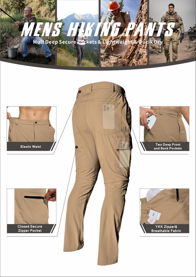 LINLANG EN Men's Lightweight Hiking Cargo Pants Waterproof Quick Dry Travel Fishing Climbing Work Outdoor Pants Dark Khaki-L - Image 4