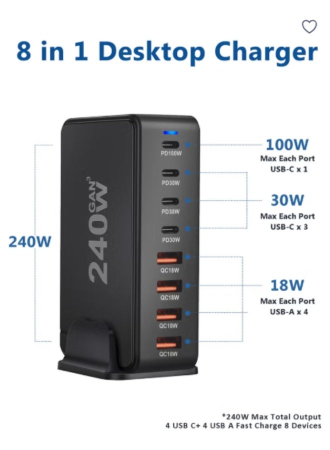 mpBLBERRI 240W Desktop Fast Charging Station with 4 Type-C (PD 100W + 3x PD 30W ) and 4 USB Ports (QC 18W), Universal Fast Charging for Laptop, Phone and Tablet - Image 3