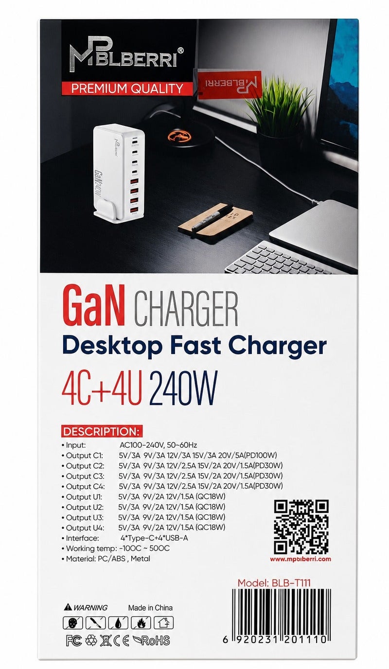 mpBLBERRI 240W Desktop Fast Charging Station with 4 Type-C (PD 100W + 3x PD 30W ) and 4 USB Ports (QC 18W), Universal Fast Charging for Laptop, Phone and Tablet - Image 4