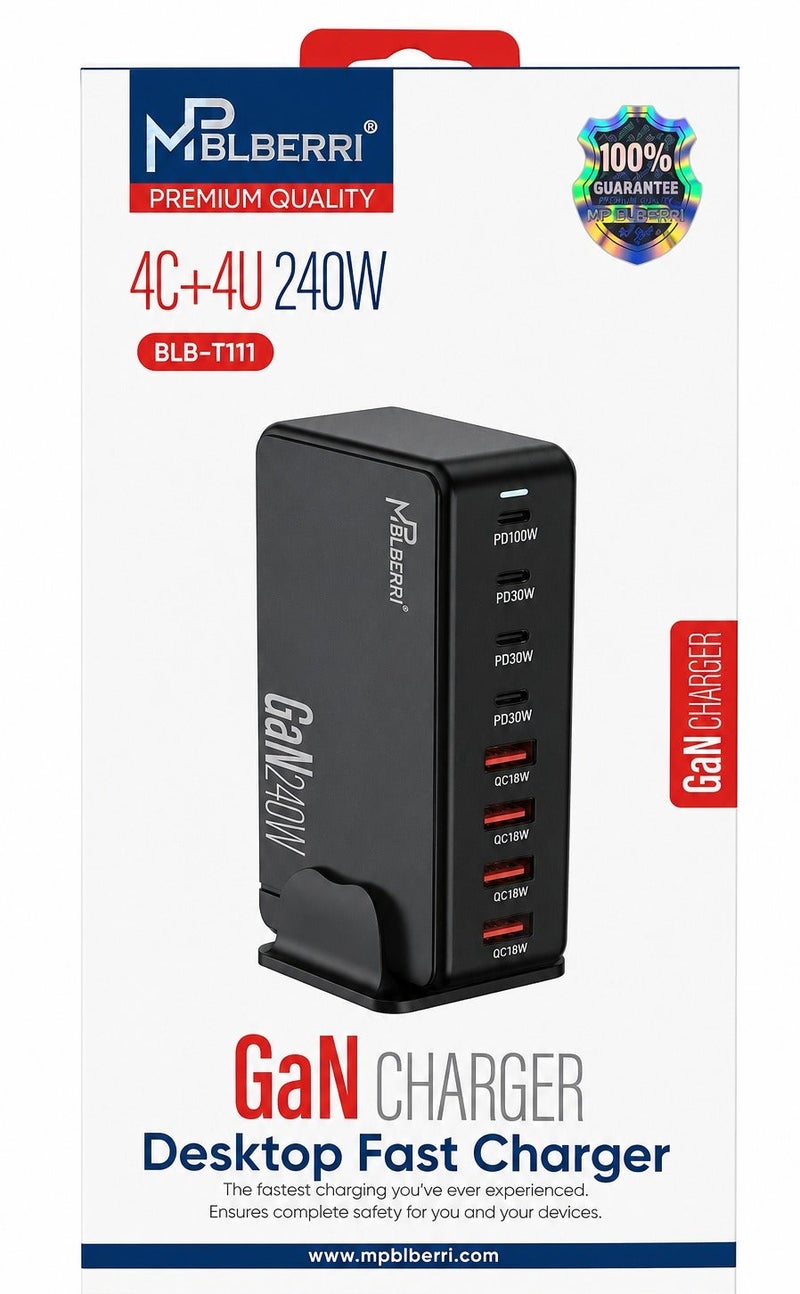mpBLBERRI 240W Desktop Fast Charging Station with 4 Type-C (PD 100W + 3x PD 30W ) and 4 USB Ports (QC 18W), Universal Fast Charging for Laptop, Phone and Tablet - Image 3